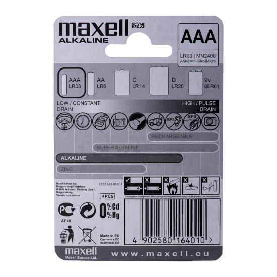 Maxell Battery Alkaline LR-03 AAA 4-Pack Single-use battery Maxell Battery Alkaline LR-03 AAA 4-Pack Single-use battery