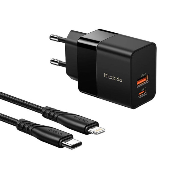 Wall charger Mcdodo CH-1952 USB + USB-C, 20W + USB-C to Lightning cable (black) Wall charger Mcdodo CH-1952 USB + USB-C, 20W + USB-C to Lightning cable (black)