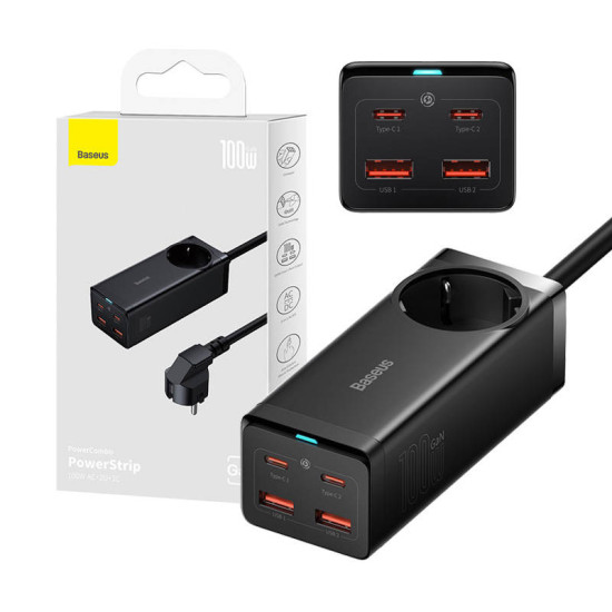 Baseus Φορτιστής/Πολύπριζο GaN3 Pro 2xUSB + 2xUSB-C + AC, 100W (Μαύρο) Baseus Φορτιστής/Πολύπριζο GaN3 Pro 2xUSB + 2xUSB-C + AC, 100W (Μαύρο)