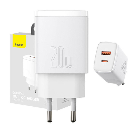 Baseus Φορτιστής Compact Quick Charger USB, USB-C 20W (Λευκό) Baseus Φορτιστής Compact Quick Charger USB, USB-C 20W (Λευκό)