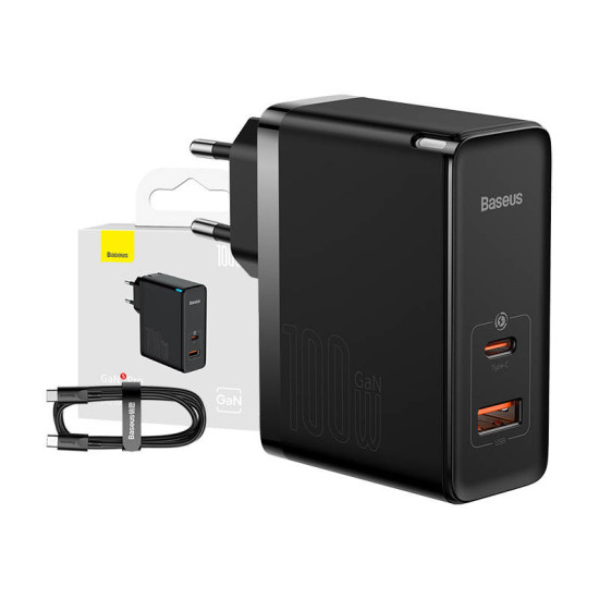 Baseus Φορτιστής GaN USB-C+USB, 100W με Καλώδιο 1m (Μαύρο) Baseus Φορτιστής GaN USB-C+USB, 100W με Καλώδιο 1m (Μαύρο)