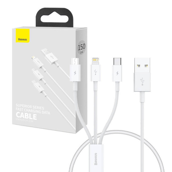 Baseus Καλώδιο 3σε1 USB σε USB-C/Lightning/MicroUSB Superior Data, 3.5A, 0.5m (Λευκό)