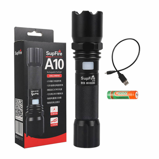 Φακός Superfire A10 – 550 lm, USB, 100–200 μ., 5 λειτουργίες Φακός Superfire A10 – 550 lm, USB, 100–200 μ., 5 λειτουργίες