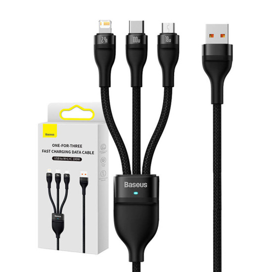 Baseus Καλώδιο USB 3σε1 Flash Series, USB-C+MicroUSB+Lightning, 100W, 1.2m (Μαύρο) Baseus Καλώδιο USB 3σε1 Flash Series, USB-C+MicroUSB+Lightning, 100W, 1.2m (Μαύρο)