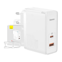 Baseus Φορτιστής GaN5 Pro USB-C + USB 100W & Καλώδιο 1m (Λευκό)