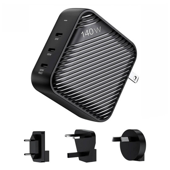 Wall charger INVZI GanHub 3x USB-C, 140W, EU/UK/AU/US (black) Wall charger INVZI GanHub 3x USB-C, 140W, EU/UK/AU/US (black)