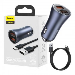 Baseus Φορτιστής Αυτοκινήτου Golden Contactor Pro, 2xUSB, 40W με Καλώδιο USB σε USB-C 1m (Γκρι/Μαύρο)