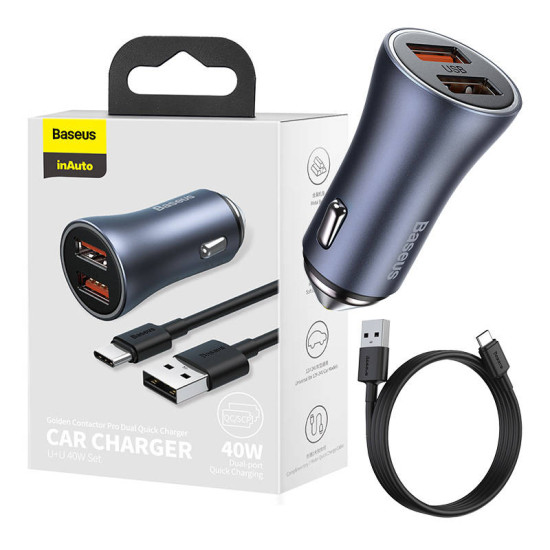 Baseus Φορτιστής Αυτοκινήτου Golden Contactor Pro, 2xUSB, 40W με Καλώδιο USB σε USB-C 1m (Γκρι/Μαύρο) Baseus Φορτιστής Αυτοκινήτου Golden Contactor Pro, 2xUSB, 40W με Καλώδιο USB σε USB-C 1m (Γκρι/Μαύρο)