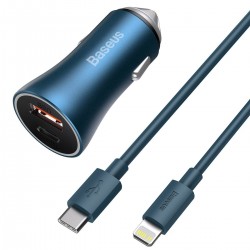 Baseus Φορτιστής Αυτοκινήτου Golden Contactor Pro, USB + USB-C, QC4.0+, PD, SCP, 40W με Καλώδιο USB-C σε Lightning 1m (Μπλε)