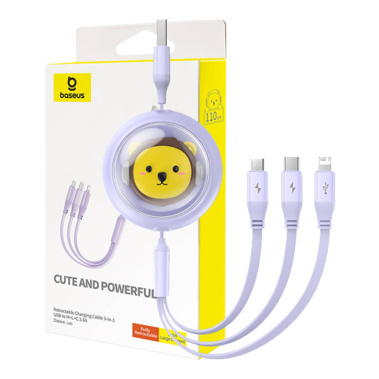 Baseus Καλώδιο 3σε1 USB σε USB-C/MicroUSB/Lightning, 3.5A, 1.1m (Λιλά) Baseus Καλώδιο 3σε1 USB σε USB-C/MicroUSB/Lightning, 3.5A, 1.1m (Λιλά)
