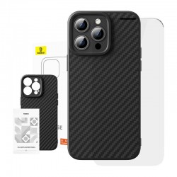Baseus Μαγνητική Θήκη Synthetic Fiber για iPhone 15 Pro και Προστατευτικό Οθόνης Tempered Glass (Μαύρο)