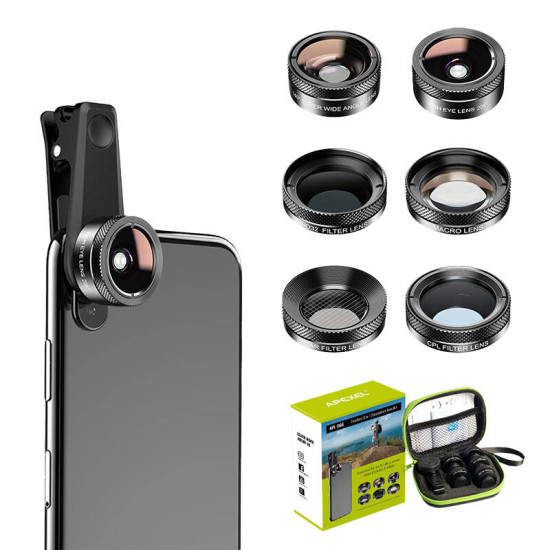 Mobile lens kit APEXEL APL-DG6V2 6 in 1 universal (black) Mobile lens kit APEXEL APL-DG6V2 6 in 1 universal (black)