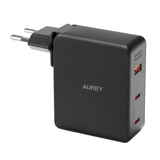 Wall charger Aukey PA-B7O, 1xUSB-A, 2xUSB-C, 140W GaN (black) Wall charger Aukey PA-B7O, 1xUSB-A, 2xUSB-C, 140W GaN (black)