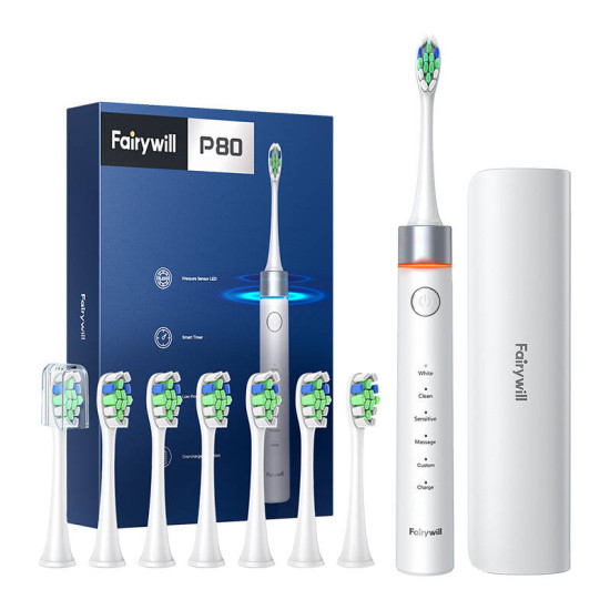 FairyWill FW-P80 sonic toothbrush with tip set and case (White) FairyWill FW-P80 sonic toothbrush with tip set and case (White)