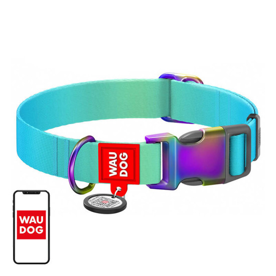 Nylon dog collar with QR code Waudog gradient, blue, size M Nylon dog collar with QR code Waudog gradient, blue, size M