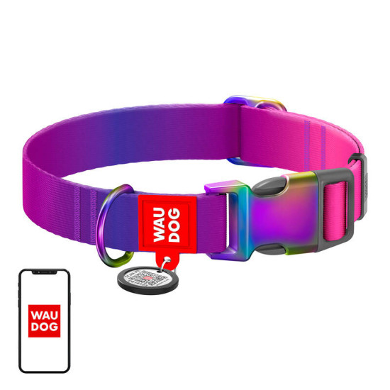 Nylon dog collar with QR code Waudog gradient, purple, size M Nylon dog collar with QR code Waudog gradient, purple, size M